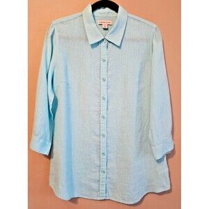 Coldwater Creek Womens 100% Linen Blue Button Up Blouse Size M Lightweight Beach
